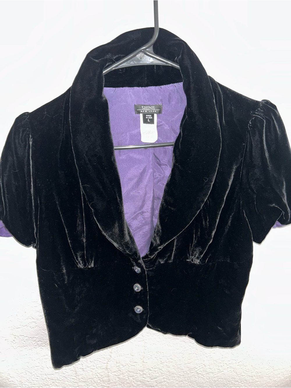 Shine Vintage Velvet Cropped Jacket in Black with Purple Lining
